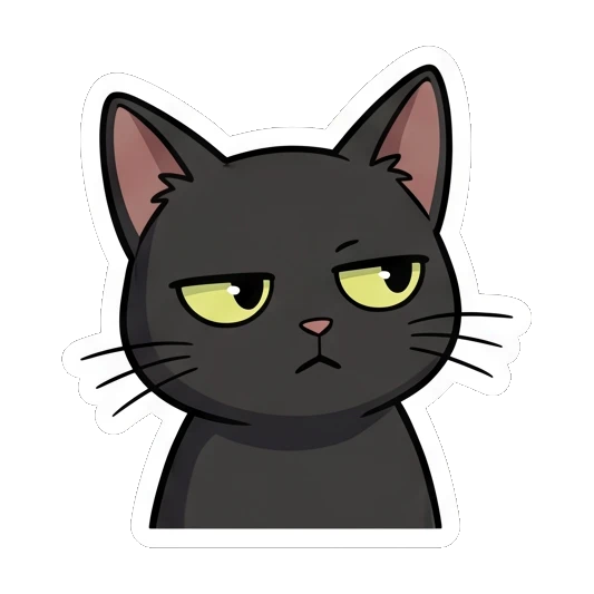 Black cat looking annoyed with a skeptical and grumpy face. Little Black Cat Expressions sticker for expressive chats and social replies.
