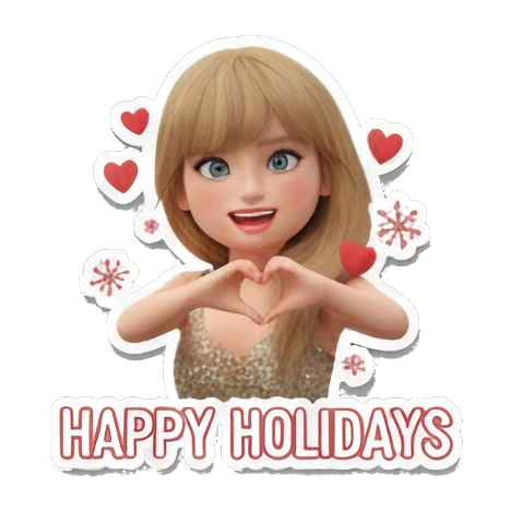 Blonde girl making a heart shape with hands, text HAPPY HOLIDAYS Festive Blonde Holiday Vibes sticker for expressive chats and social replies.