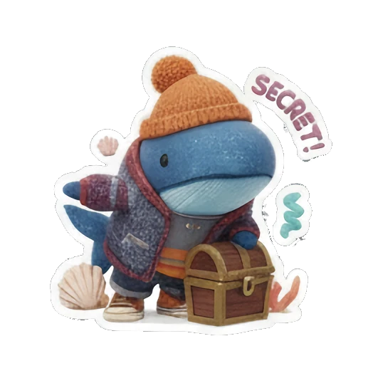 Blue whale guarding a treasure chest, secretive expression, text 'SECRET!' Ocean Buddy Adventures sticker for expressive chats and social replies.