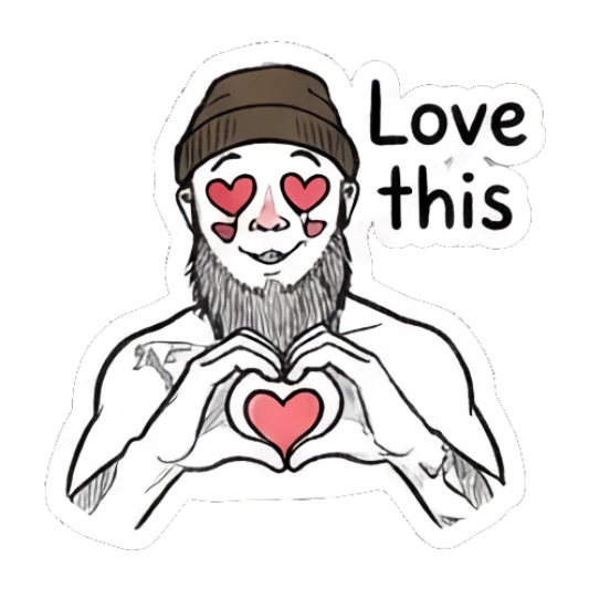 Bearded man making a heart shape with hands and heart eyes Bearded Guy Moods sticker for expressive chats and social replies.