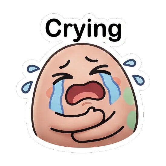 Sad egg character crying with tears and 'Crying' text. Little Egg Moods sticker for expressive chats and social replies.