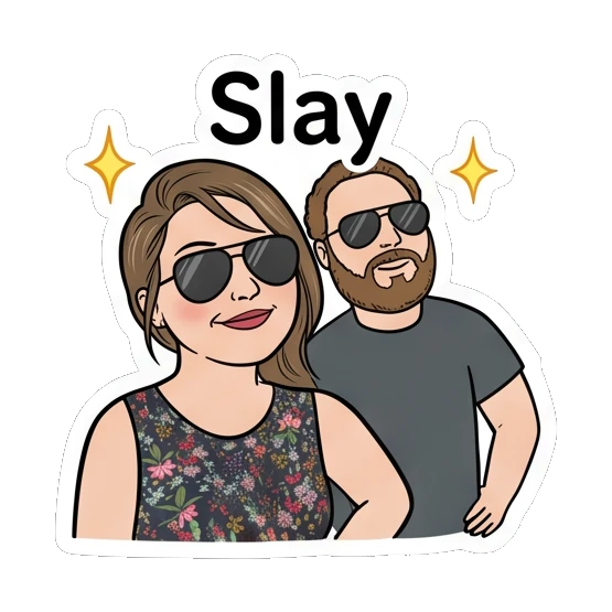 Woman posing confidently with text Slay Couple Vibes Daily sticker for expressive chats and social replies.