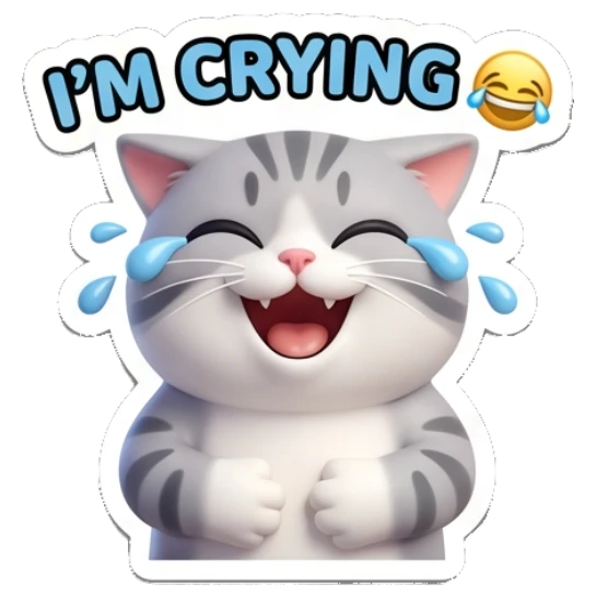 Crying laughing tabby cat with blue tears and text I'M CRYING Cheerful Tabby Cat Daily sticker for expressive chats and social replies.