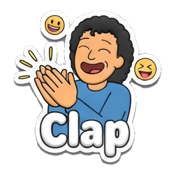 Man clapping hands enthusiastically with text Clap Curly Hair Guy Adventures sticker for expressive chats and social replies.