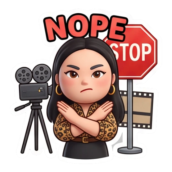 Girl crossing arms, stop sign, camera tripod, text Nope Cinema Diva Daily Life sticker for expressive chats and social replies.
