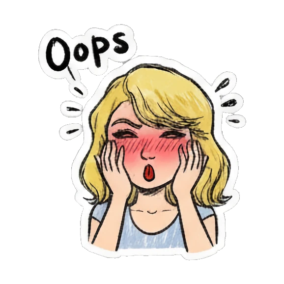 Blonde girl blushing with hands on face with text Oops Blonde Girl Doodle Diary sticker for expressive chats and social replies.