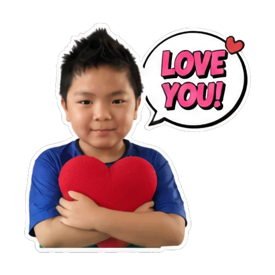 Young boy hugging a red heart with 'LOVE YOU!' text Energetic Boy Daily Expressions sticker for expressive chats and social replies.