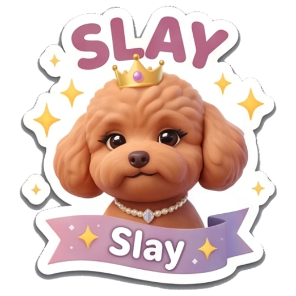Poodle wearing a crown and necklace looking elegant. Poodle Pals Daily sticker for expressive chats and social replies.