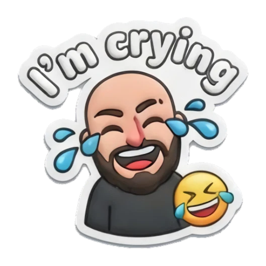 Bearded man crying with tears and laughing emoji, text I'm crying Bearded Buddy Daily Vibes sticker for expressive chats and social replies.