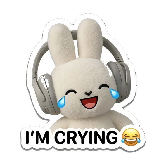 Bunny laughing with tears of joy saying I'M CRYING Music Loving Bunny sticker for expressive chats and social replies.