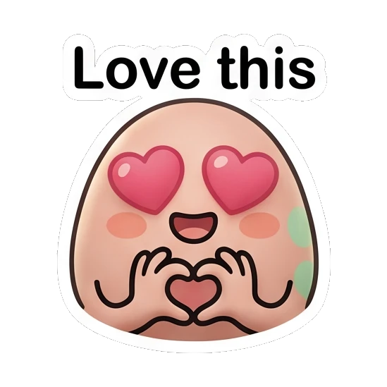 Loving egg character with heart eyes and heart hands with 'Love this' text. Little Egg Moods sticker for expressive chats and social replies.