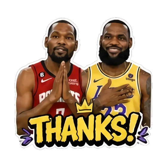 Two players with hands pressed together in gratitude, text THANKS. Basketball Legends Duo sticker for expressive chats and social replies.