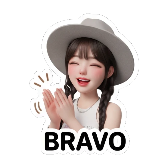 Girl with hat clapping, text BRAVO Chic Hat Girl Expressions sticker for expressive chats and social replies.