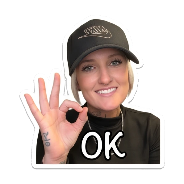Woman making OK gesture with hand, smiling, text OK Cool Girl Daily Vibes sticker for expressive chats and social replies.