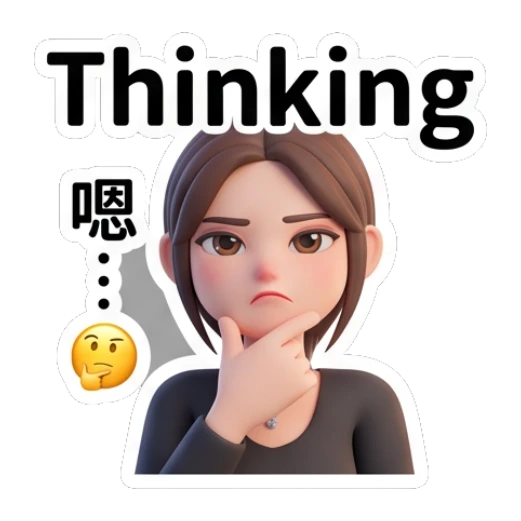 Young woman thinking with hand on chin and 'Thinking' text Modern Girl Daily Expressions sticker for expressive chats and social replies.