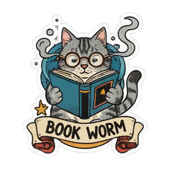 cat wearing glasses reading book Literary Tabby Adventures sticker for expressive chats and social replies.