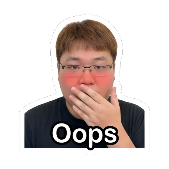 Man with glasses covering mouth in embarrassment with blushing cheeks and text Oops Daily Life of a Friendly Guy sticker for expressive chats and social replies.