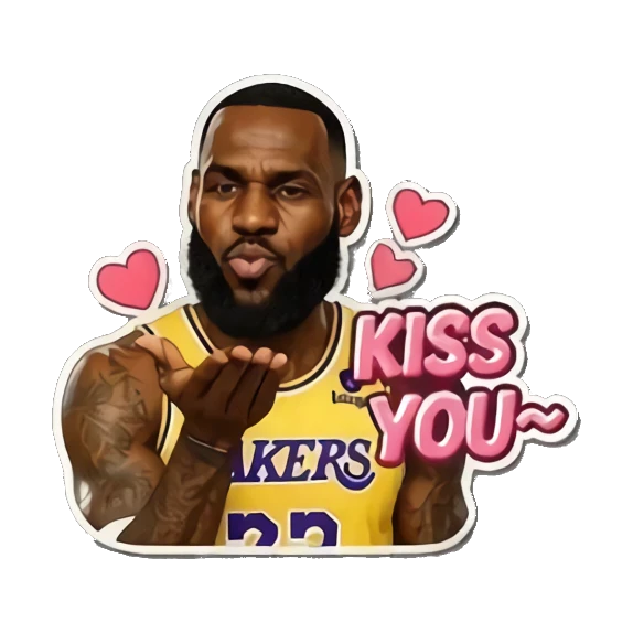 LeBron blowing a kiss with hearts and text KISS YOU~ LeBron Court Vibes sticker for expressive chats and social replies.
