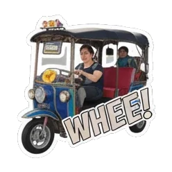 Riding tuk-tuk, 'WHEE!' Travel Adventures sticker for expressive chats and social replies.