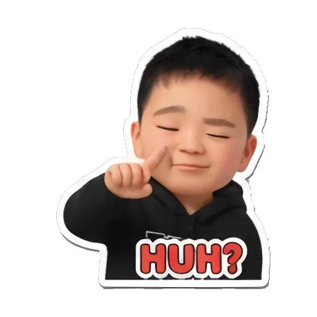 Little boy pointing up with a question mark and HUH text. Little Boy Daily Expressions sticker for expressive chats and social replies.