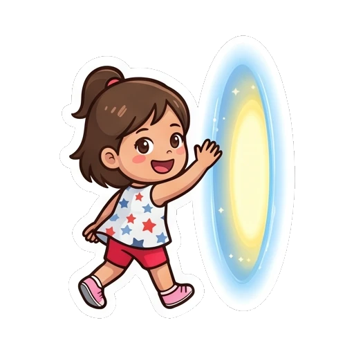 Girl waving goodbye while walking into a portal Cheerful Star Girl Adventures sticker for expressive chats and social replies.