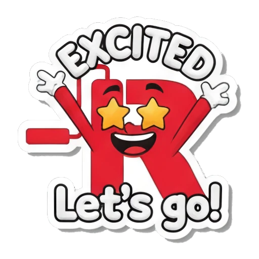 Letter R looking excited with star eyes and text Let's go Red Letter R Adventures sticker for expressive chats and social replies.