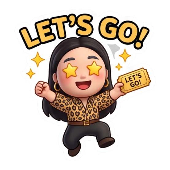 Girl jumping with star eyes, holding ticket, text Let's Go Cinema Diva Daily Life sticker for expressive chats and social replies.