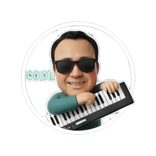 Man playing electronic keyboard with COOL text Musical Man Expressions sticker for expressive chats and social replies.