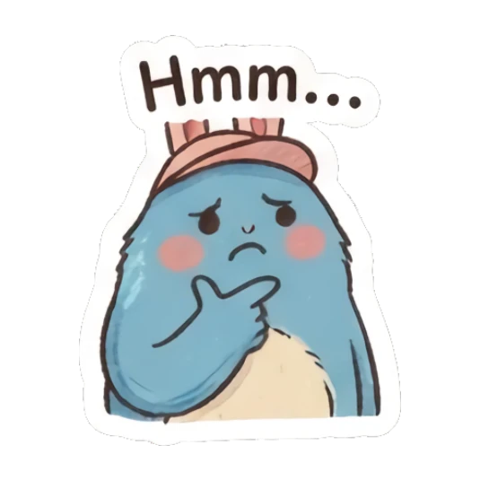 Blue bunny thinking with a finger on chin and text Hmm... Furry Blue Bunny Buddy sticker for expressive chats and social replies.