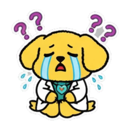 Puzzled dog with question marks. Doctor Dog's Daily Life sticker for expressive chats and social replies.
