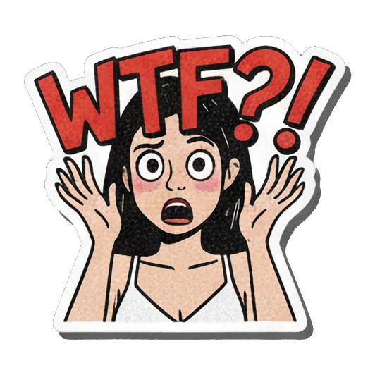 Girl looking shocked with hands up, text WTF?! Retro Comic Girl Expressions sticker for expressive chats and social replies.