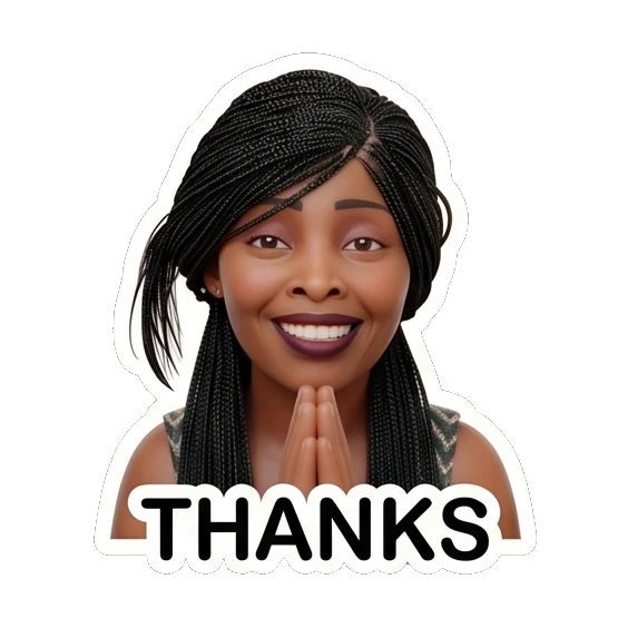 Woman with hands together in a prayer gesture, grateful, text THANKS Chic Afro-Textured Daily Expressions sticker for expressive chats and social replies.