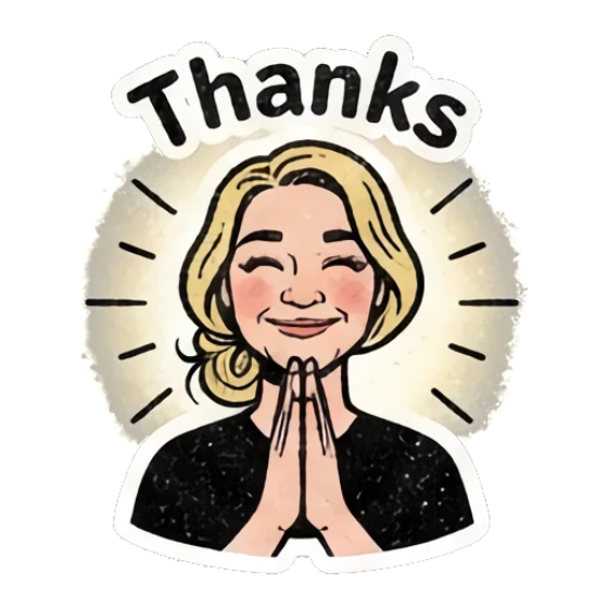 Blonde woman praying with gratitude with text Thanks Retro Blonde Daily Vibes sticker for expressive chats and social replies.