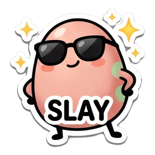 Pink egg wearing sunglasses looking cool with sparkles and text SLAY Pinky Egg Expressions sticker for expressive chats and social replies.