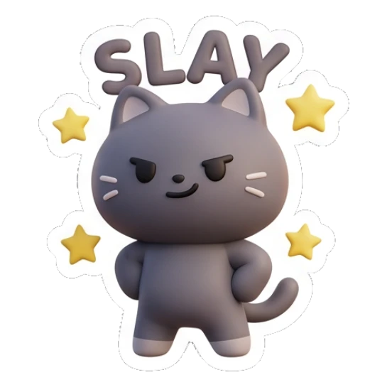 Confident grey cat posing with stars saying slay. Moody Grey Cat Daily sticker for expressive chats and social replies.