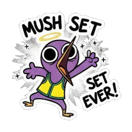 Purple bird shouting excitedly, text MUSH SET EVER Purple Bird Music Festival sticker for expressive chats and social replies.