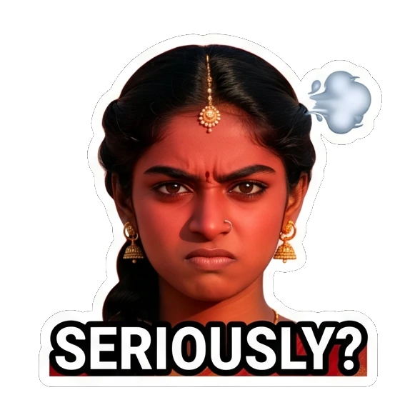 Angry Indian girl with red face and steam saying Seriously Indian Girl Expressions sticker for expressive chats and social replies.