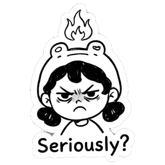 Girl in frog hat looking angry with fire icon and Seriously text Froggy Girl Doodles sticker for expressive chats and social replies.