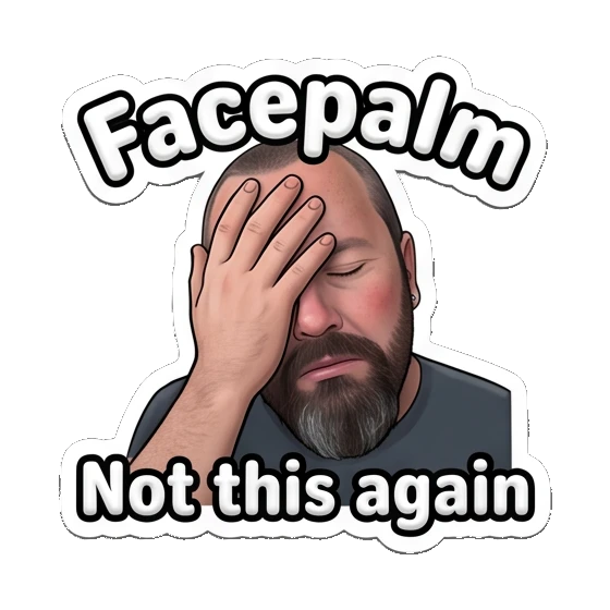Bearded man performing a facepalm gesture. Bearded Guy Daily Vibes sticker for expressive chats and social replies.