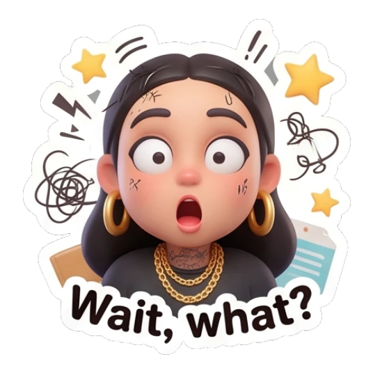 Shocked girl with messy hair and scribbles, text Wait what. Chic Urban Girl Vibes sticker for expressive chats and social replies.