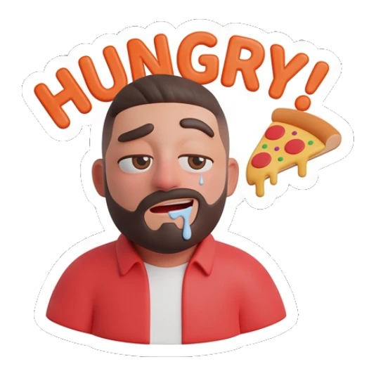 Hungry bearded man drooling over a slice of pizza, HUNGRY Bearded Buddy Daily Vibes sticker for expressive chats and social replies.