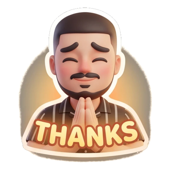 Bearded man with hands together in gratitude and 'THANKS' text. Modern Bearded Guy sticker for expressive chats and social replies.