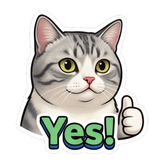 Happy tabby cat giving a thumbs up with text Yes! Expressive Tabby Cat sticker for expressive chats and social replies.
