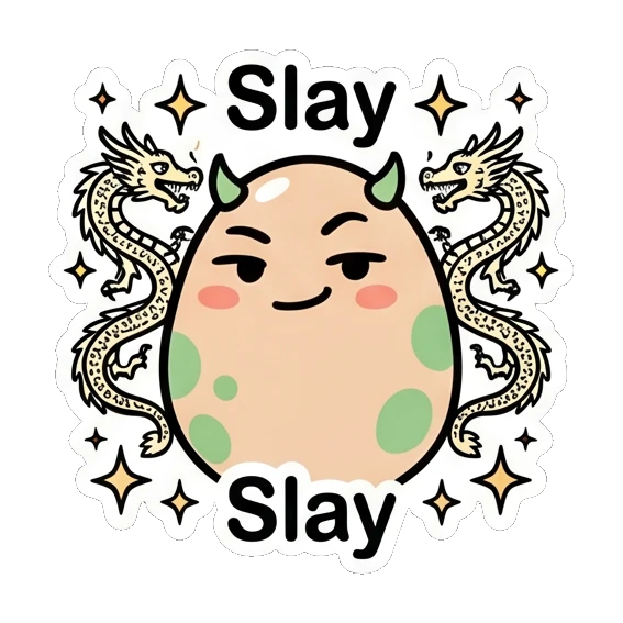 Confident egg with arms crossed saying Slay. Little Spotted Egg Emotions sticker for expressive chats and social replies.