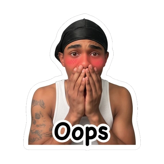 Young man blushing with hands over mouth and text Oops. Daily Vibes of a Durag Guy sticker for expressive chats and social replies.