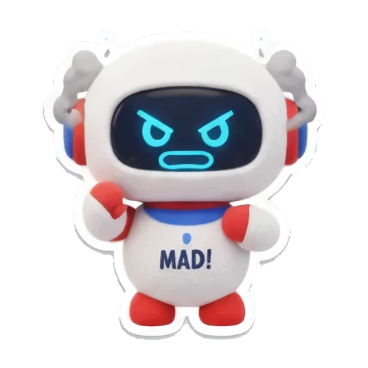 Mad robot with glowing eyes Mini Bot Emotions sticker for expressive chats and social replies.