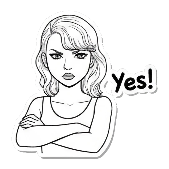 Girl looking determined with arms crossed Expressive Line Art Girl sticker for expressive chats and social replies.