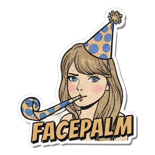 Blonde woman looking frustrated with a party hat and FACEPALM text Retro Pop Diva Vibes sticker for expressive chats and social replies.