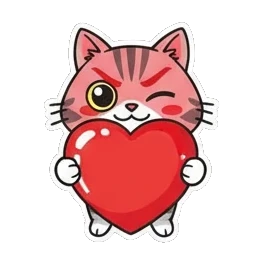 Gray tabby cat blushing and holding a large red heart Cheerful Gray Tabby Adventures sticker for expressive chats and social replies.