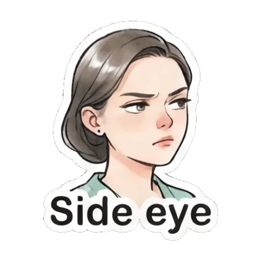 Woman looking sideways with suspicion and text Side eye Modern Gentle Lady Expressions sticker for expressive chats and social replies.